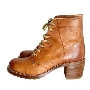 FRYE Sabrina Saddle Cognac Brown Leather Lace Up Boots Size 8.5